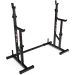 Verstellbares Squat Rack aus schwarzem Stahl mit zwei freistehenden Ständern und verbindender Sicherheitsstange, geeignet für Langhanteltraining