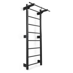 Schwarze Fitness-Sprossenwand aus Metall mit integrierter Klimmzugstange zur Wandmontage für Homegym