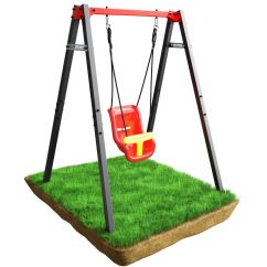 Babyschaukel mit rotem Sitz und gelber Sicherheitsleiste, stabiler Metallrahmen für sicheres Spielen im Garten