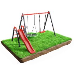 Kinderschaukel-Set mit Rutsche auf einem Stück Rasen, Vorderansicht