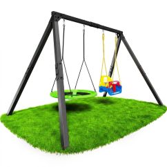 Doppelschaukel aus Metall mit Nestschaukel und 3in1 Babyschaukel auf Rasenfläche
