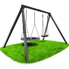 Doppelschaukel aus Metall mit Nestschaukel und Brettschaukel, stabiles Gartengestell in Schwarz
