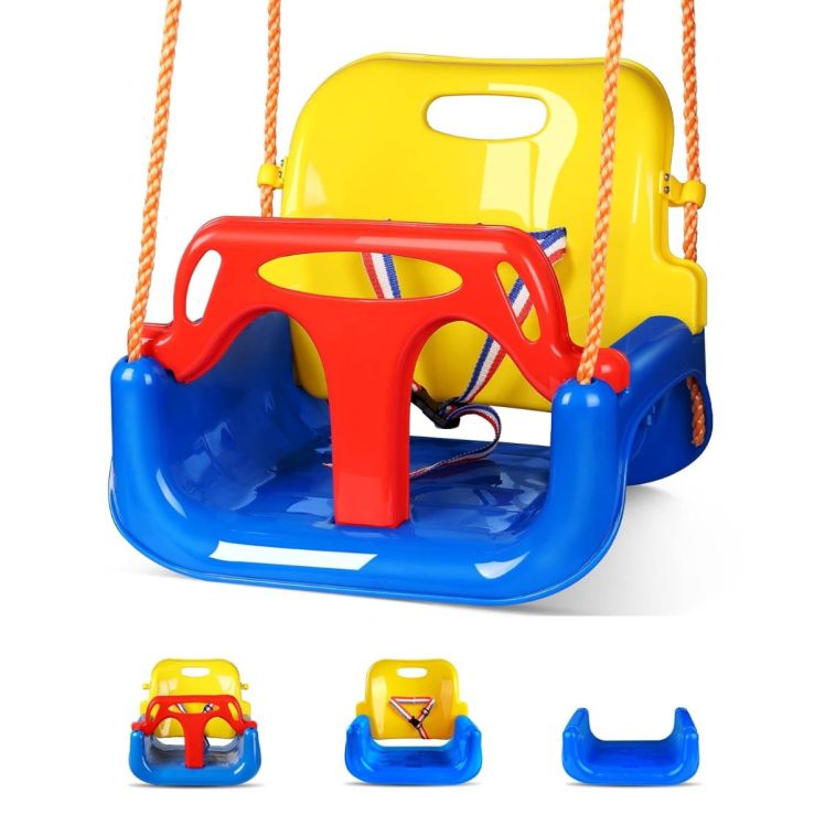 Mitwachsende 3in1 Kinderschaukel mit drei Sitzvarianten für verschiedene Altersstufen – Babyschaukel, Kleinkindschaukel und Brettschaukel