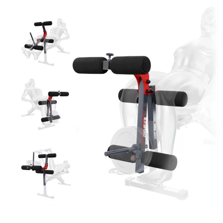 Beincurler Aufsatz für Trainingsbank mit Demonstration der Übungspositionen