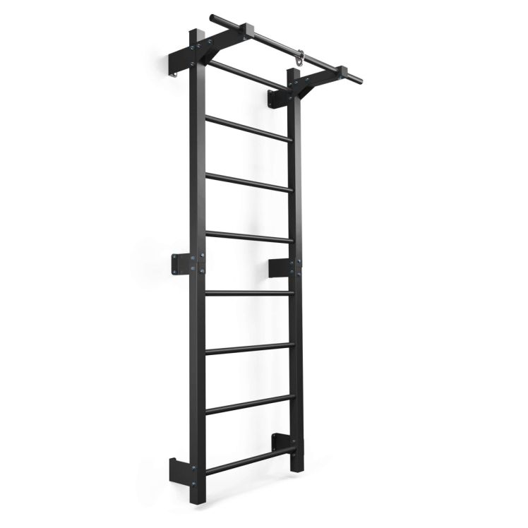 Schwarze Fitness-Sprossenwand aus Metall mit integrierter Klimmzugstange zur Wandmontage für Homegym