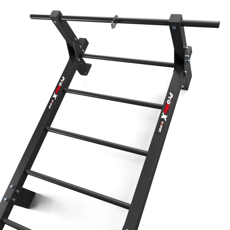 Detailansicht der Klimmzugstange an einer stabilen Metall-Sprossenwand für Krafttraining