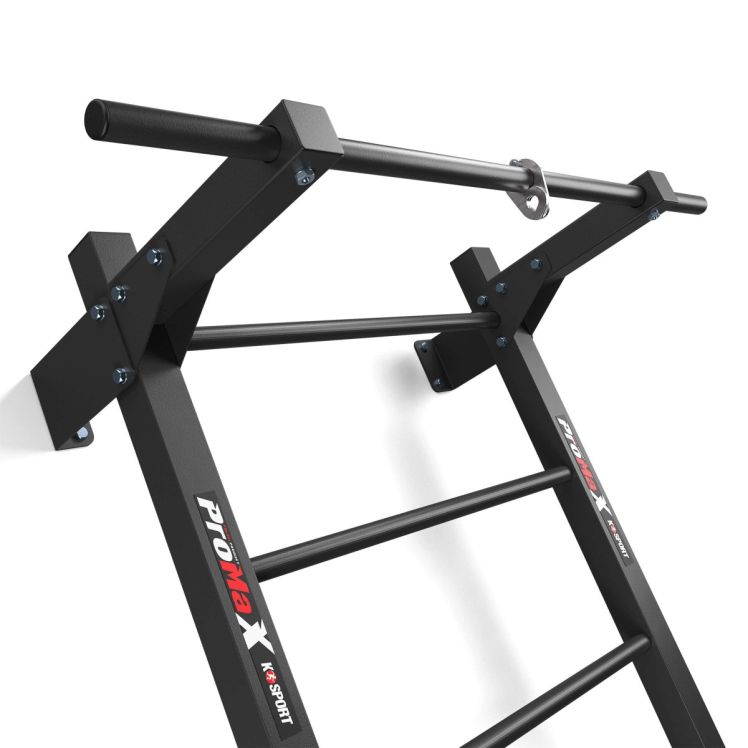Nahaufnahme der Klimmzugstange mit Boxhalterung an einer schwarzen Fitness-Sprossenwand aus Stahl