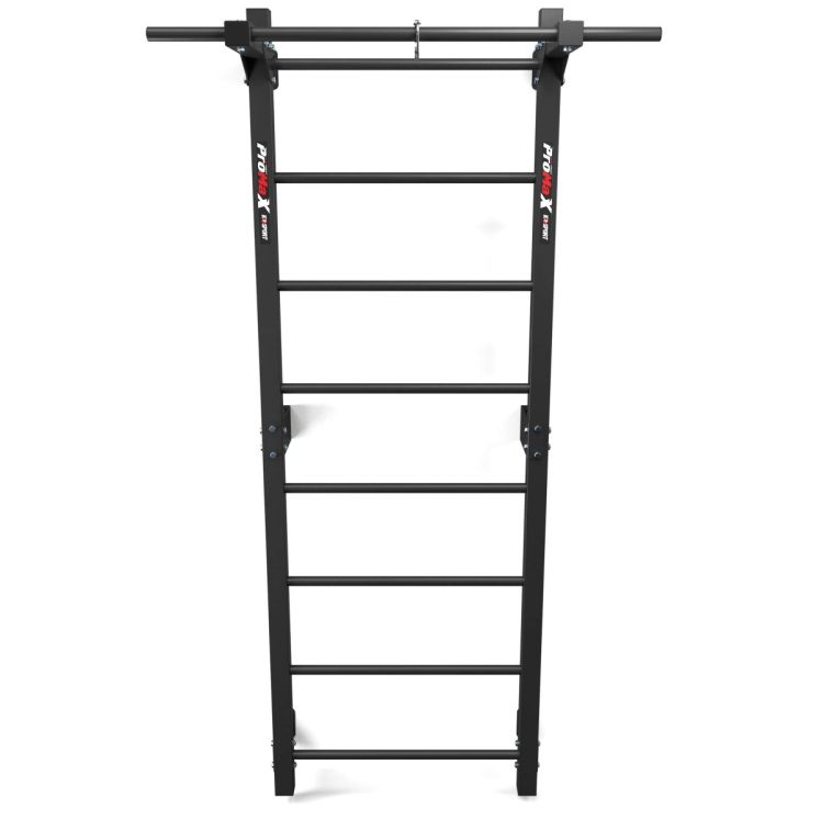 Sprossenwand aus Metall mit Klimmzugstange in Frontalansicht, ideal für Kraft- und Mobilitytraining