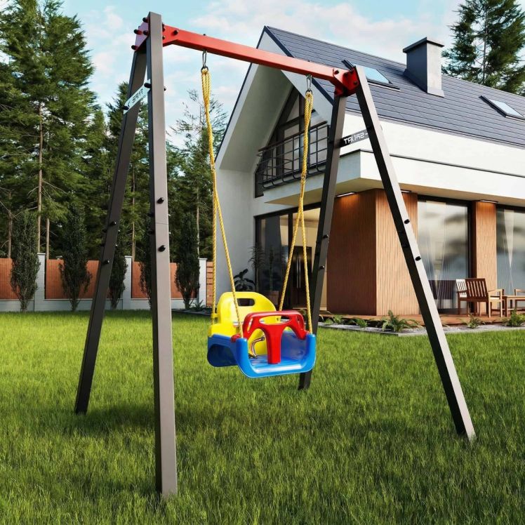 3-in-1 Babyschaukel im Garten vor Wohnhaus mit stabilem Metallgestell, wetterfestes und langlebiges Schaukelset für Kinder