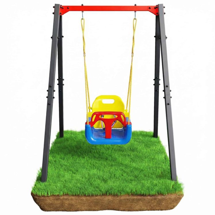 3-in-1 Babyschaukel mit Metallgestell frontal, höhenverstellbare Seile und sicherer Sitz für Kleinkinder im Garten