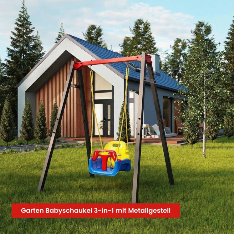 Babyschaukel 3-in-1 im Garten vor Haus mit robustem Metallgestell, langlebige Outdoor Schaukel für Kinder ab Babyalter