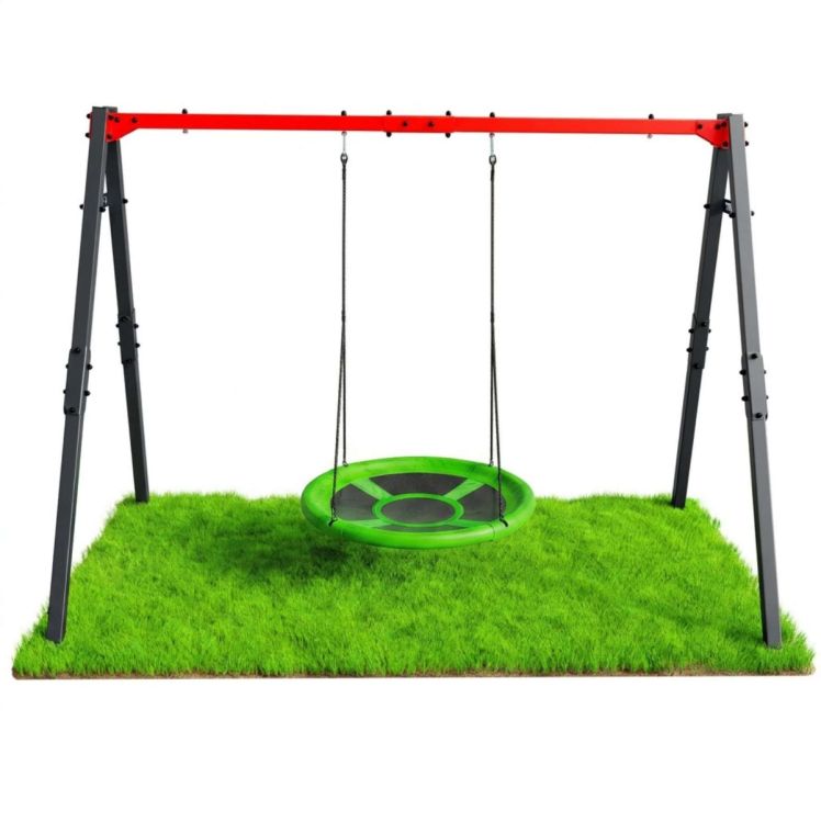 Doppelschaukel mit grüner Nestschaukel auf Rasenfläche – stabiles Gartenspielgerät aus Metall für Kinder