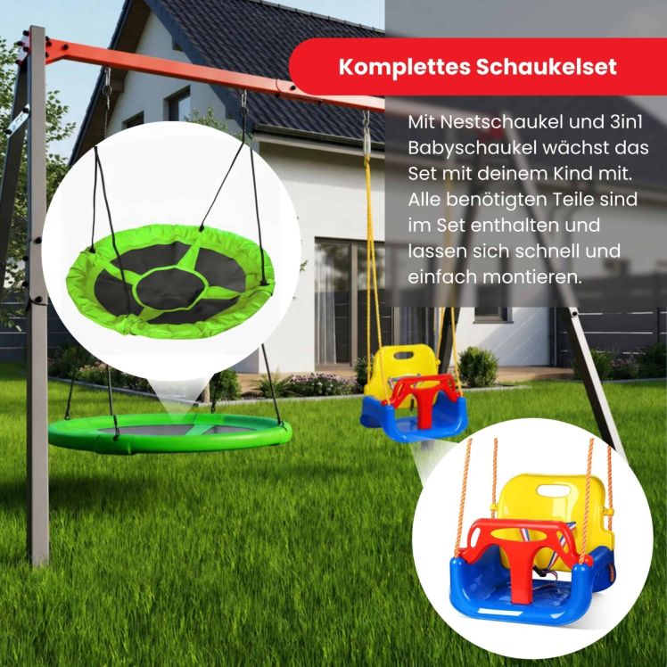 Komplettes Gartenschaukel-Set mit Nestschaukel und 3in1 Babyschaukel – schnell montierbares Metall-Doppelgestell