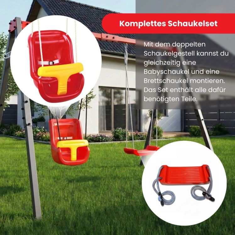 Komplettes Schaukelset mit Metall Gartenschaukel inklusive Babyschaukel und Brettschaukel im Garten vor Haus