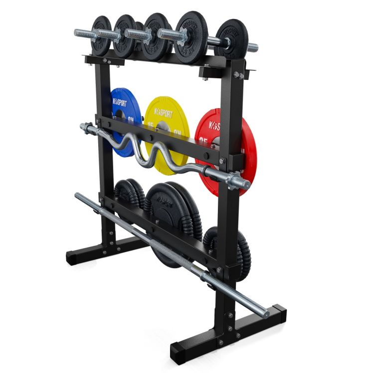 Rückseite eines Hantelständers mit Scheibenhalter und Haken für Langhantel und Fitnesszubehör