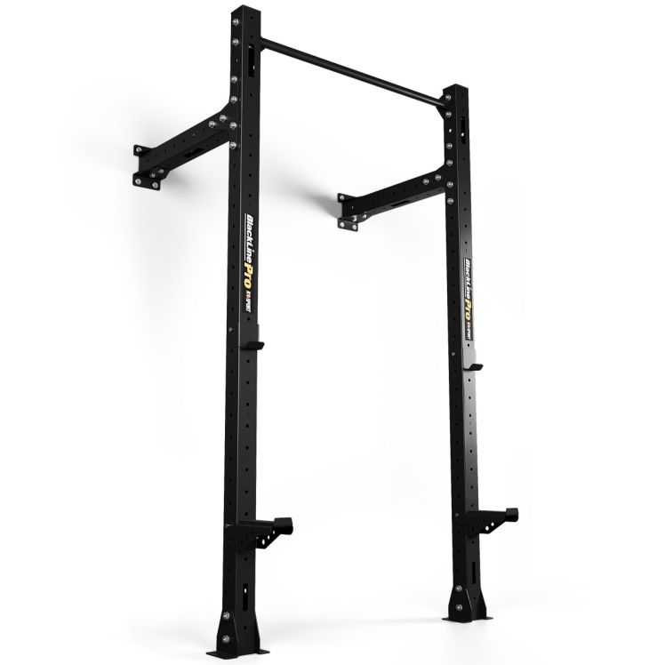 Wandmontiertes Half Rack aus Stahl mit Klimmzugstange, höhenverstellbaren J-Cups und massiver Konstruktion für Krafttraining im Homegym