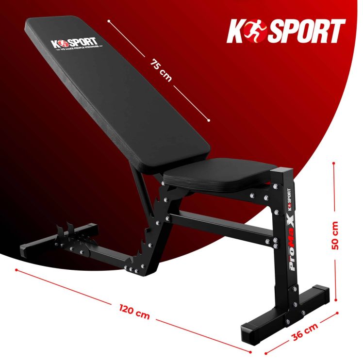 Maße der K-Sport Hantelbank mit 120 cm Länge, 36 cm Breite und 50 cm Höhe