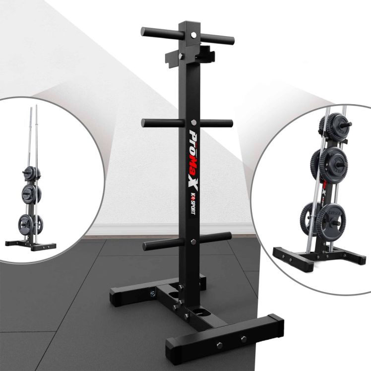 Gewichtsscheibenständer in einem Fitnessraum, mit Detailansichten der Ablagen
