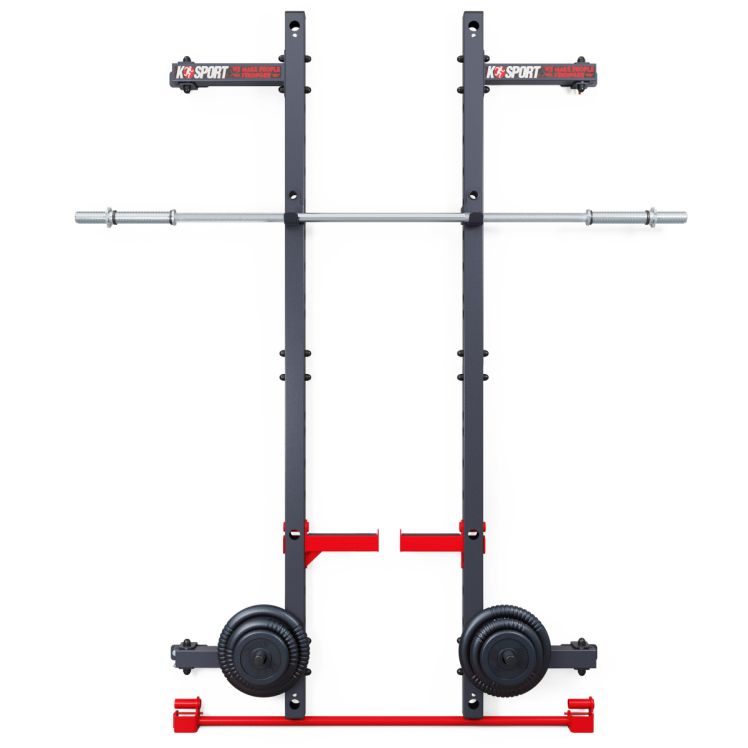 Faltbares Half Rack zur Wandmontage zusammengeklappt mit Gewichten