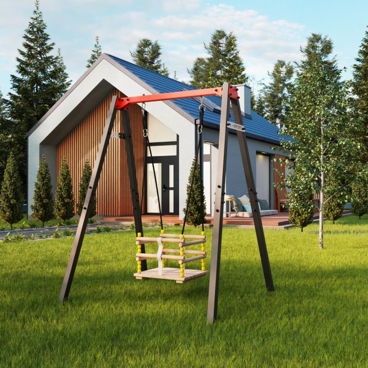 K-Sport-Gitterschaukel im Garten mit modernem Haus im Hintergrund, perfekt für Outdoor-Freizeitspaß