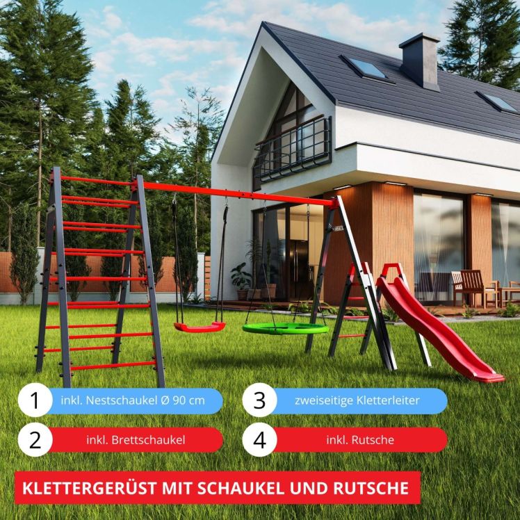 Klettergerüst mit Brettschaukel, Nestschaukel, Rutsche und Kletterleiter im Garten vor einem Haus