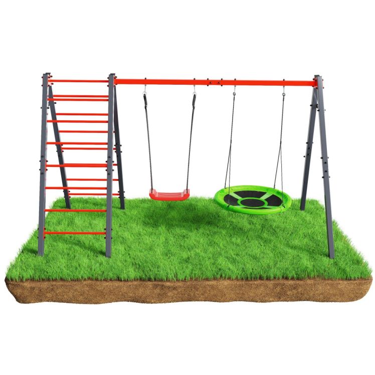 Schaukelset mit zwei Sitzen und Kletterleiter auf grünem Grasstück