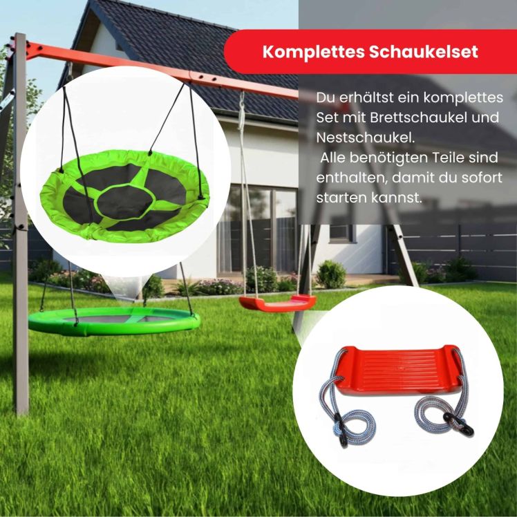 Komplettes Schaukelset mit Nestschaukel und Brettschaukel inklusive Zubehör für Kinder im Garten