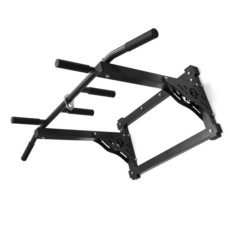 Schrägansicht der stabilen ProMaX Klimmzugstange zur Wandmontage mit Multi-Grip-Griffen für Pull-Ups und Krafttraining