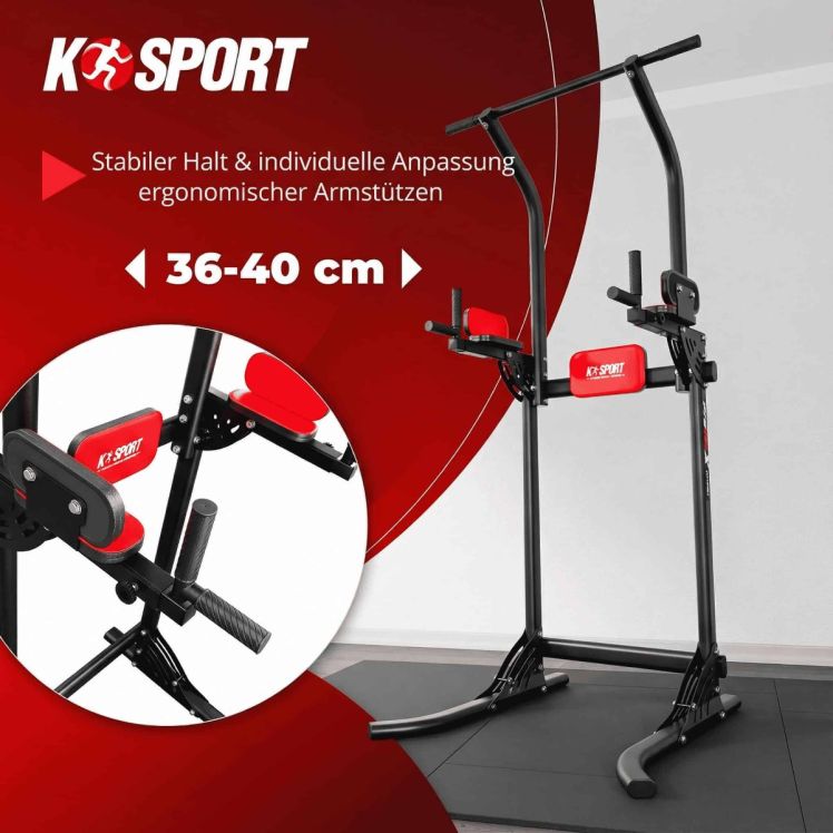 Power Tower mit verstellbaren ergonomischen Armstützen (36-40 cm) für das Bauchmuskeltraining