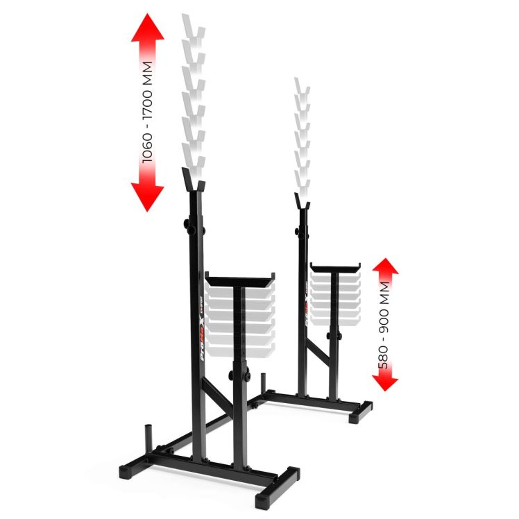 Darstellung der verstellbaren Höhenbereiche des Squat Racks mit Maßangaben für Hantelablage und Sicherheitsaufnahme