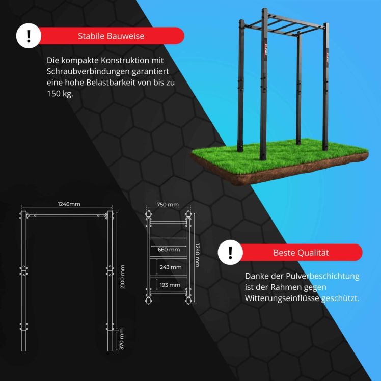 Infografik zum Outdoor-Hangelgerüst mit Maßzeichnungen, Abmessungen, Belastbarkeit bis 150 kg und Hinweis auf stabile Bauweise