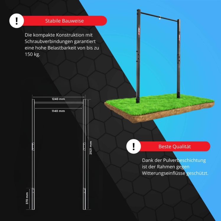 Infografik zur K-Sport Outdoor-Klimmzugstange mit Maßen (2521 mm Höhe) und 150 kg Belastbarkeit