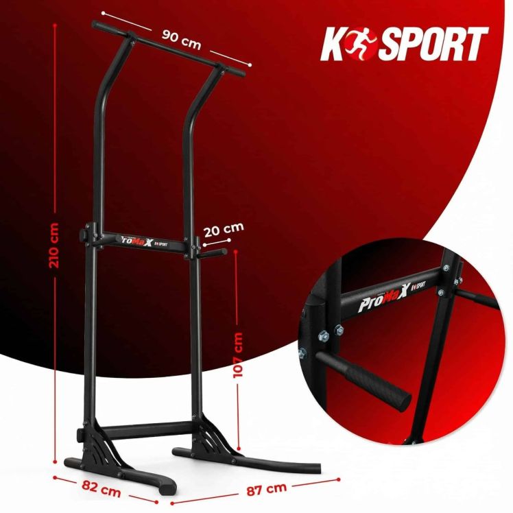 Maße der K-Sport Klimmzugstation: 210 cm Höhe, 90 cm Stangenbreite und 82x87 cm Standfläche