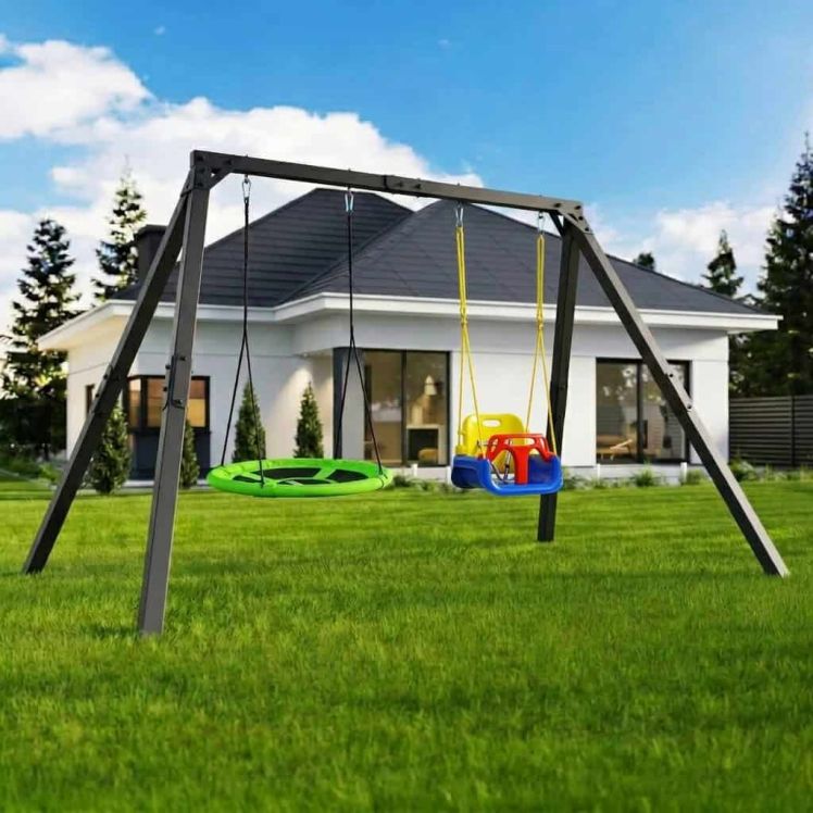 Doppelschaukel aus Metall mit Nestschaukel und 3in1 Babyschaukel im modernen Garten