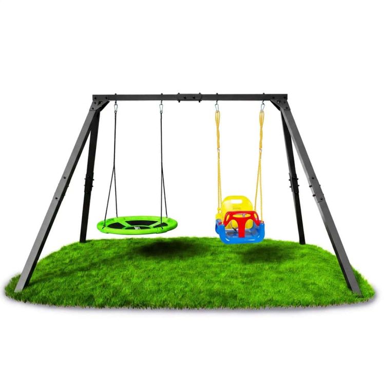 Metall Doppelschaukel mit Nestschaukel und Babysitz, stabiles Gartengestell freistehend
