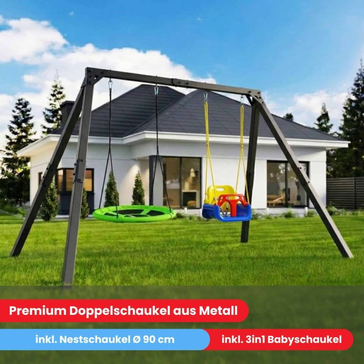 Premium Doppelschaukel aus Metall im Garten mit Nestschaukel Ø 90 cm und Babyschaukel
