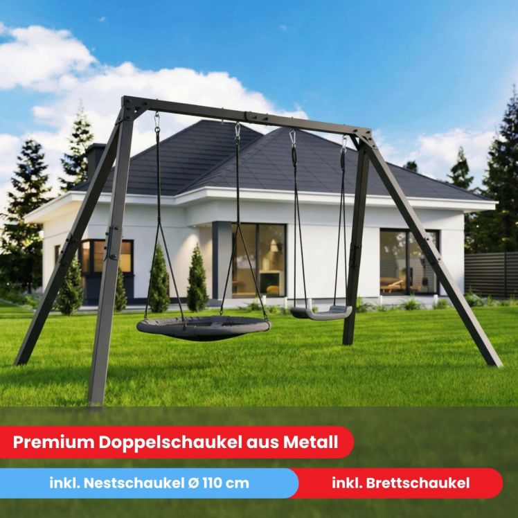 Premium Doppelschaukel aus Metall im Garten, inkl Nestschaukel Ø110 cm und Brettschaukel
