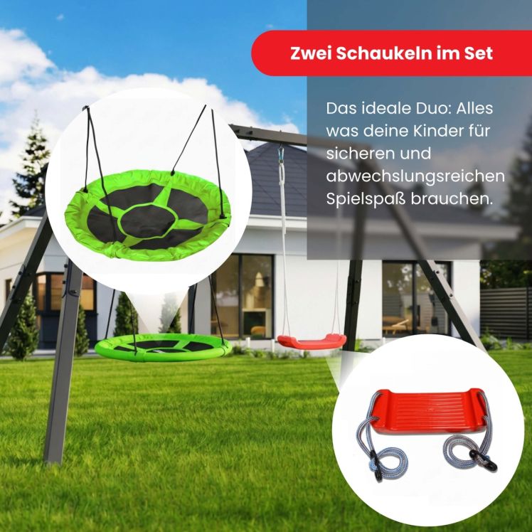 Doppelschaukel Set mit grüner Nestschaukel und roter Brettschaukel für Kinder im Garten