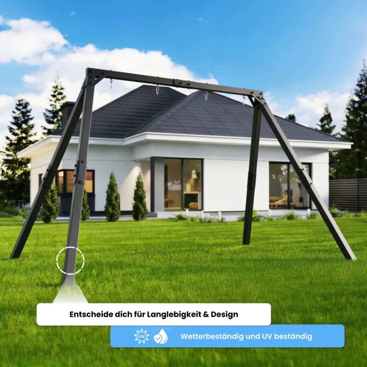 Robustes Doppelschaukel Gestell aus Stahl im Garten, UV- und wetterbeständig für langfristige Nutzung
