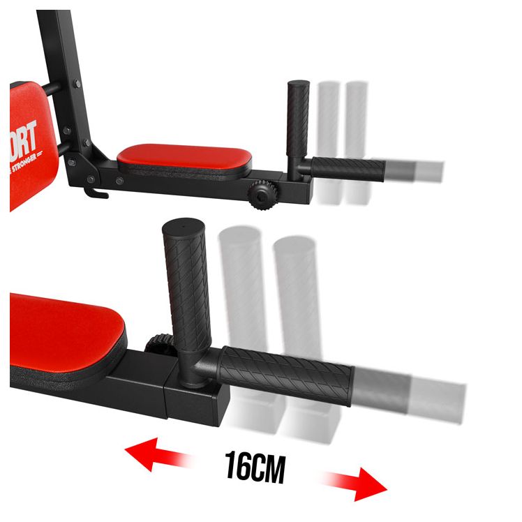 Detail der verstellbaren, ergonomischen Griffe der Dip-Station mit 16 cm Breitenverstellung für optimales Training