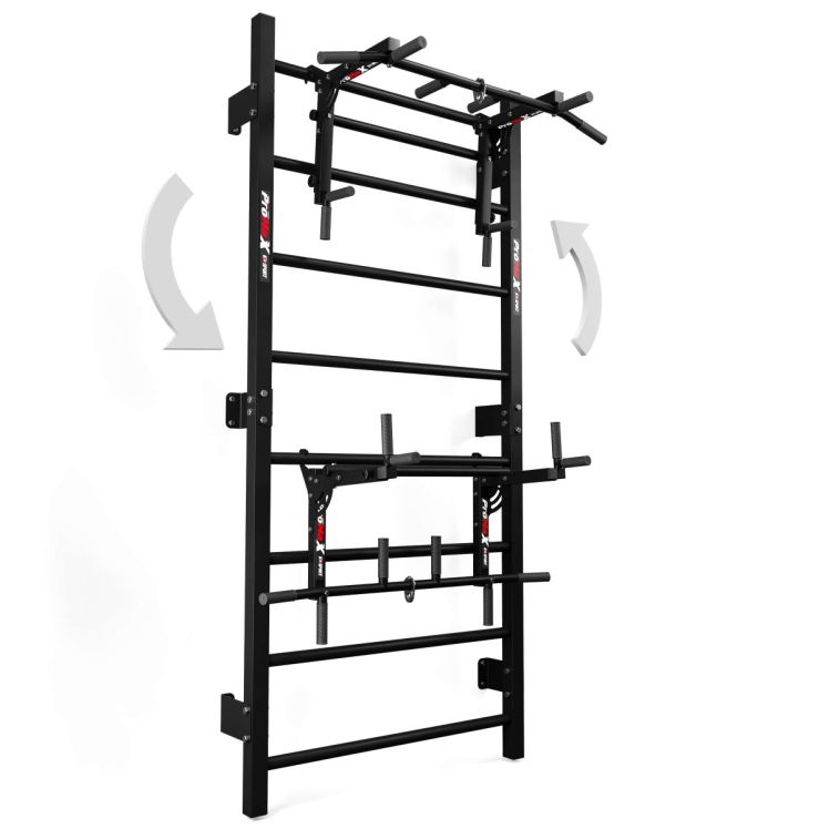 Illustration der 2-in-1 Wendefunktion der Sprossenwand mit Klimmzugstange/Dip Station