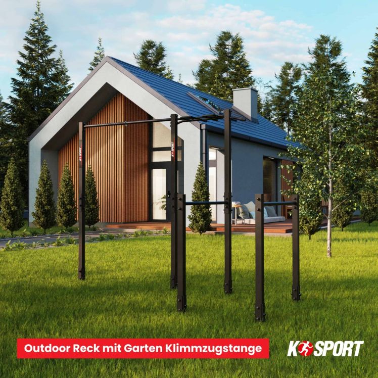 Outdoor-Reck mit Klimmzugstange und Monkey Bar im Garten eines modernen Einfamilienhauses, Einsatzbeispiel im Außenbereich