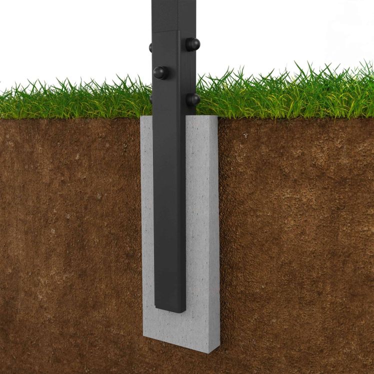 Schnittdarstellung der Bodenverankerung des Outdoor-Recks im Betonfundament, sichere Montage im Erdreich