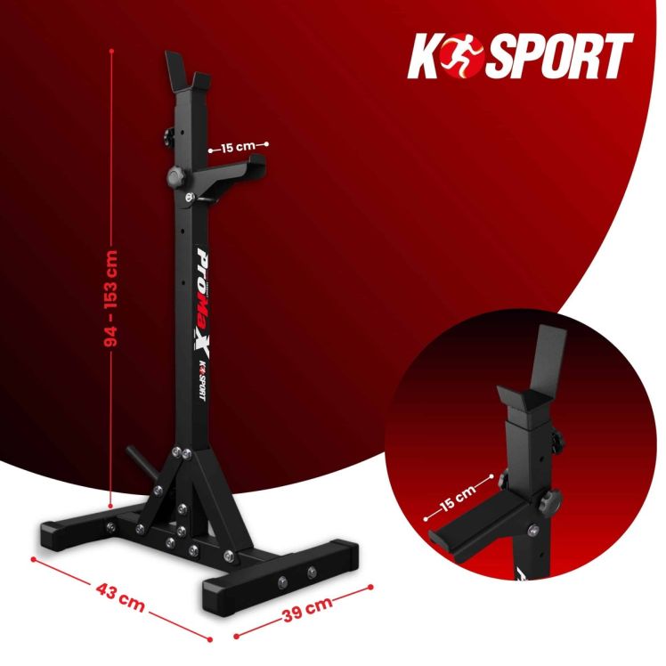 Technische Abmessungen des K-Sport Hantel-Racks: Höhenverstellbar 94-153 cm, Standfußbreite 43 cm und Ablagelänge 15 cm