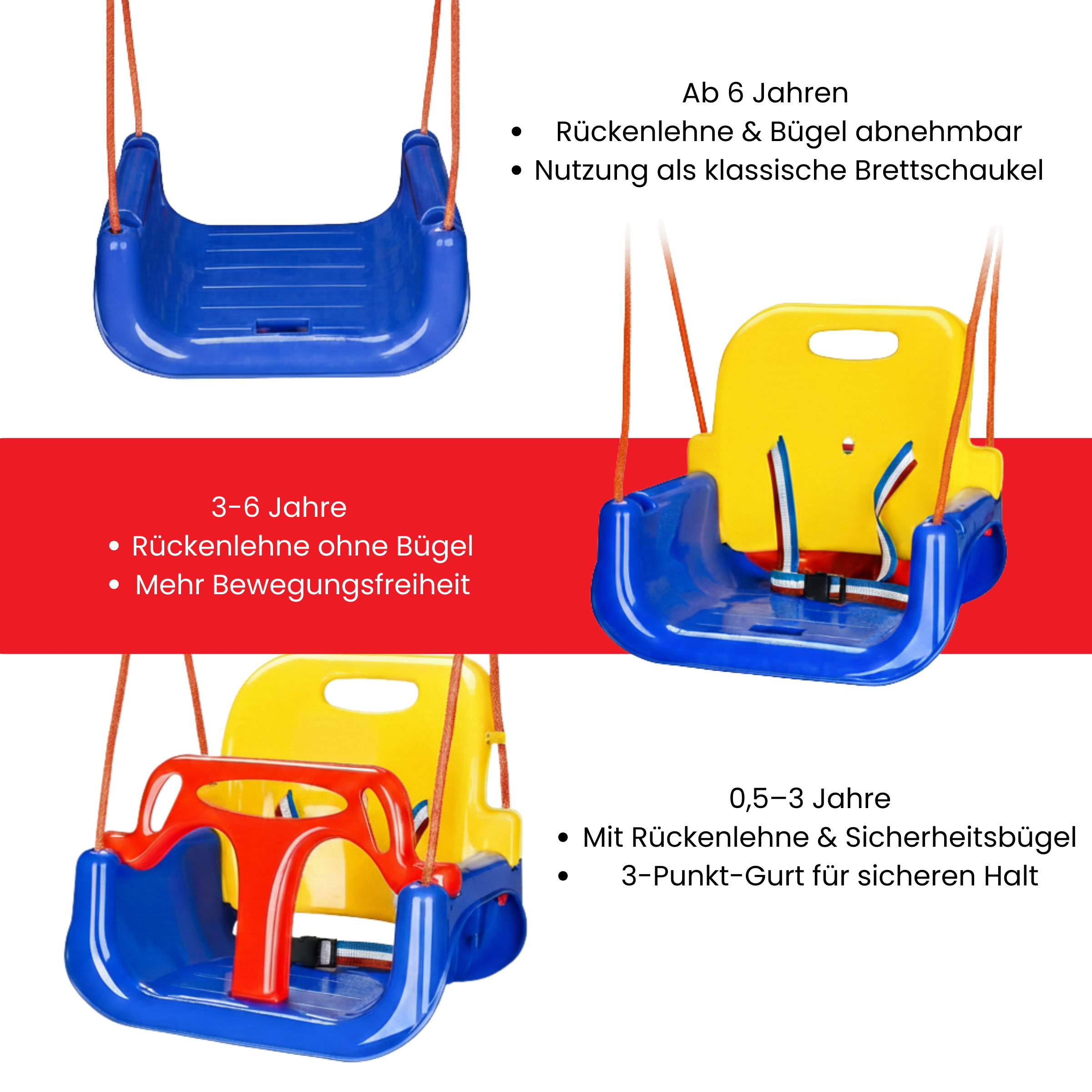 Mitwachsende Babyschaukel 3in1 für 0,5 bis 6 Jahre – abnehmbare Rückenlehne und Sicherheitsbügel für flexible Nutzung