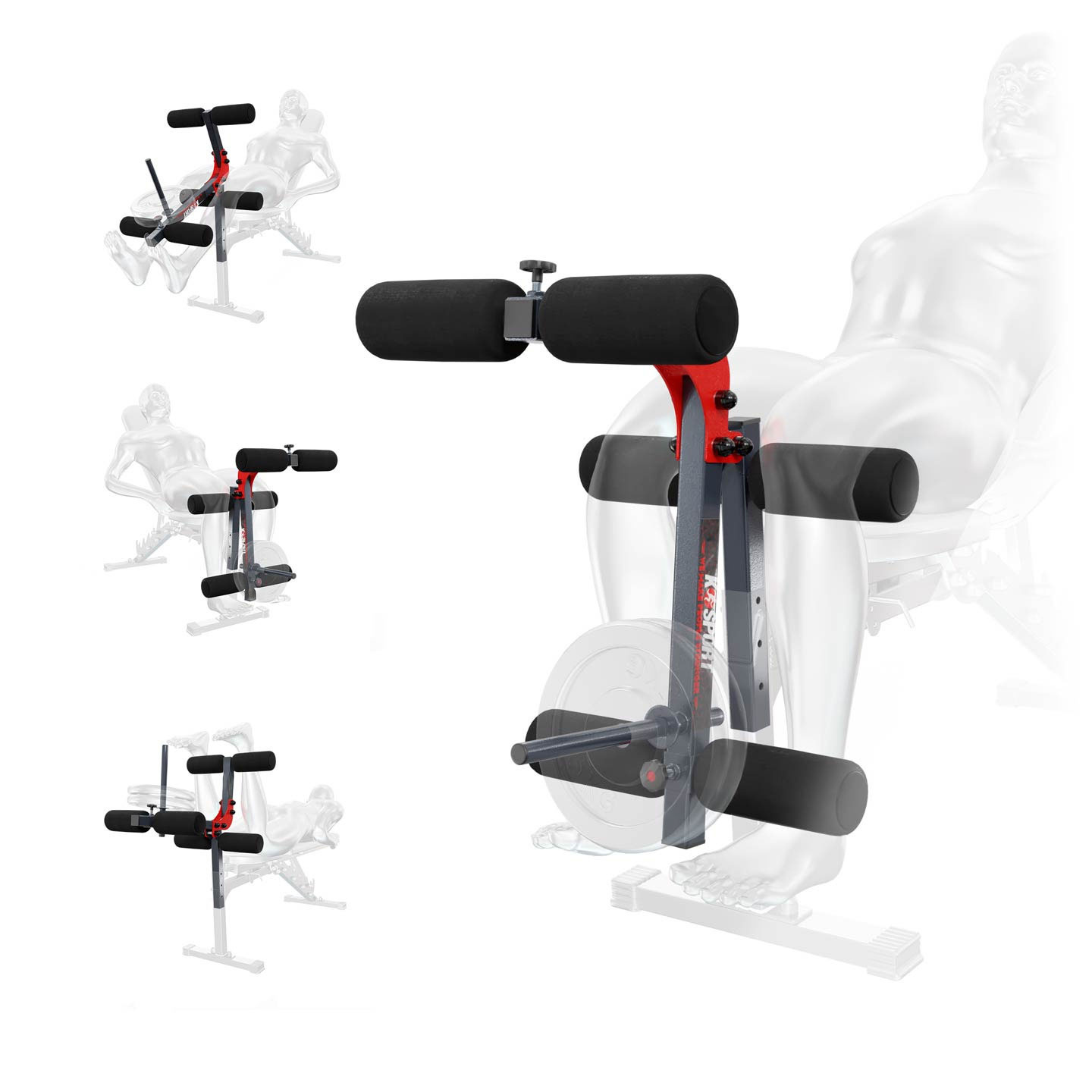 Beincurler Aufsatz für Trainingsbank mit Demonstration der Übungspositionen