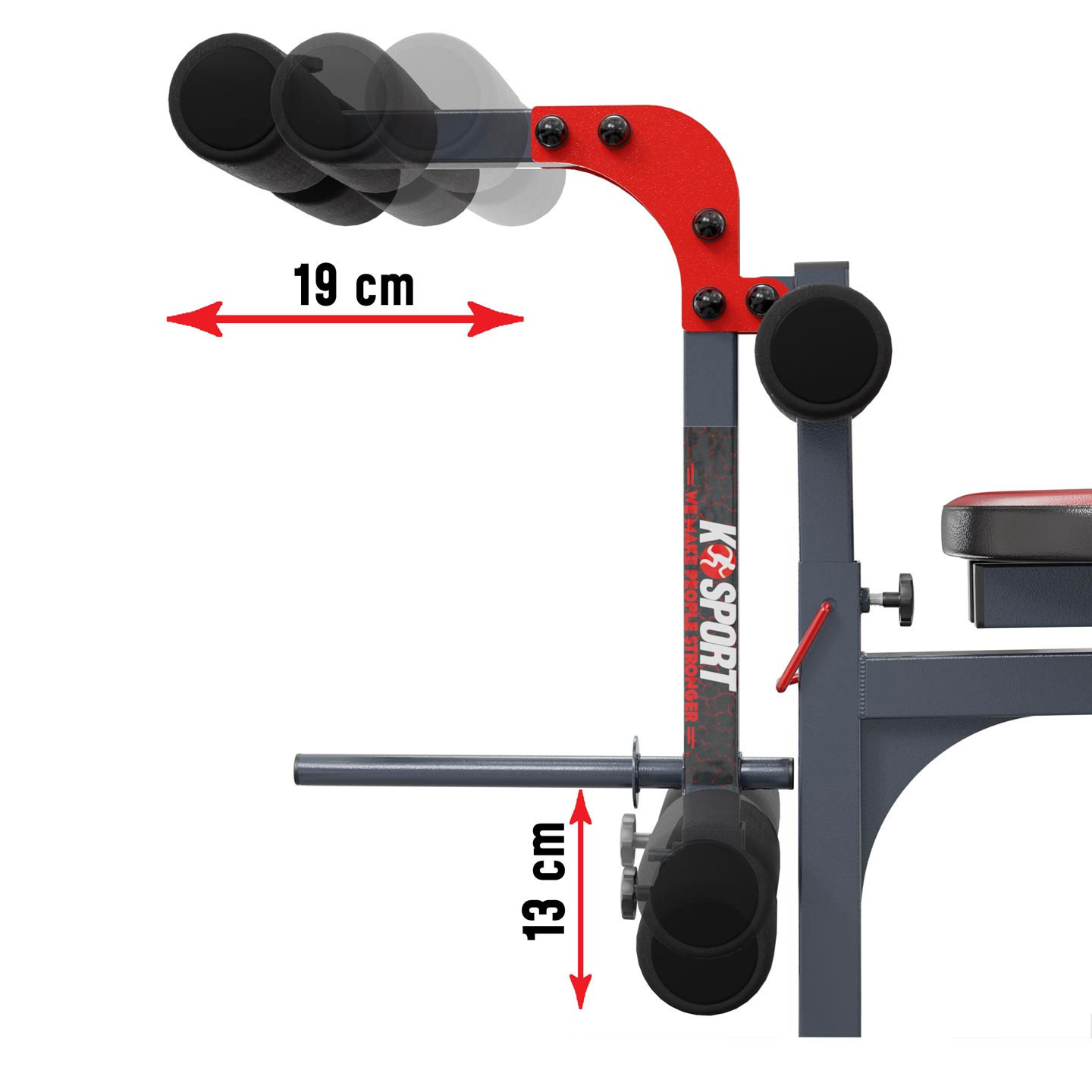 Beincurler Aufsatz seitliche Ansicht mit einstellbarer Höhe 19 cm und 13 cm