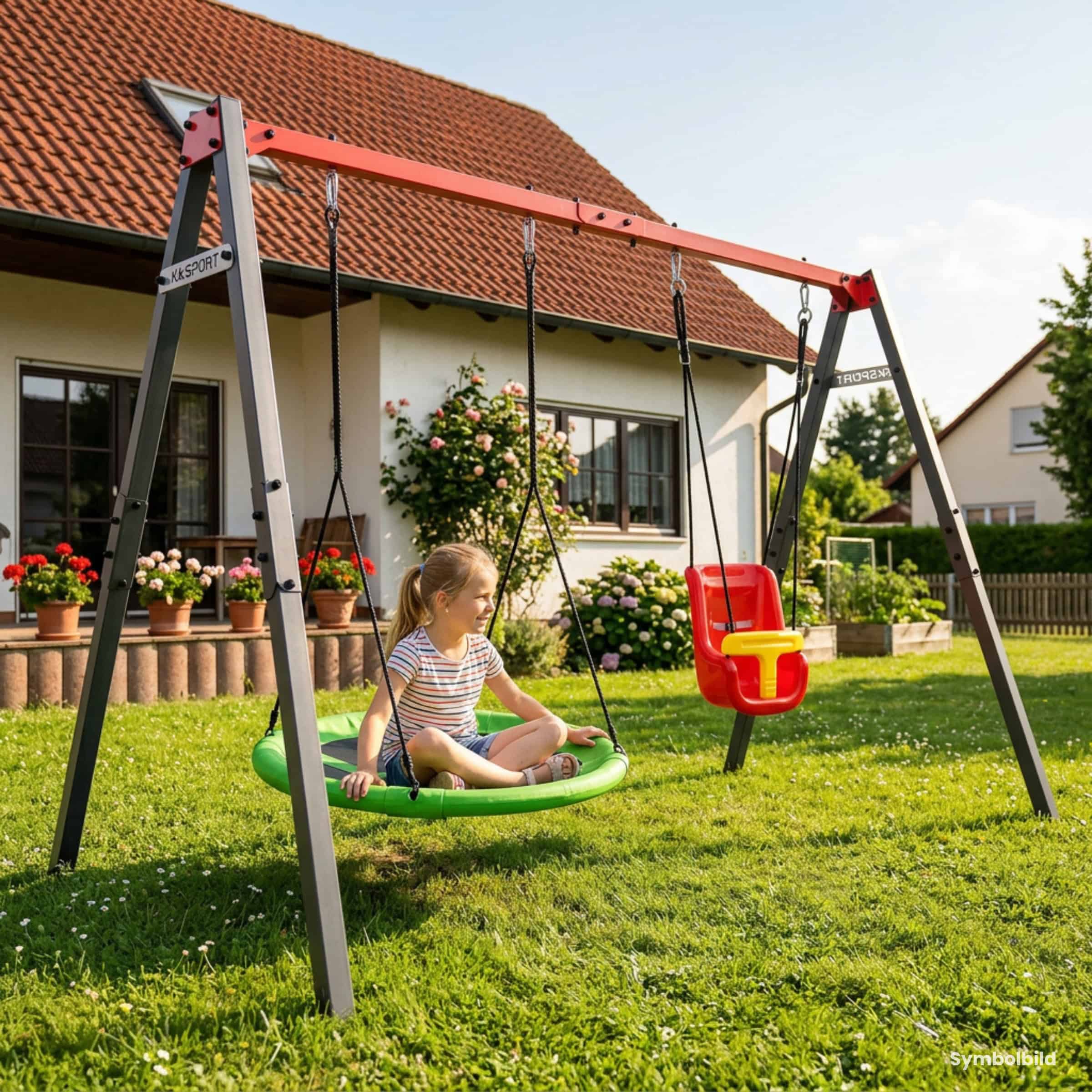 Kind schaukelt auf Nestschaukel an stabiler Metall-Doppelschaukel mit zusätzlichem Babysitz im Garten