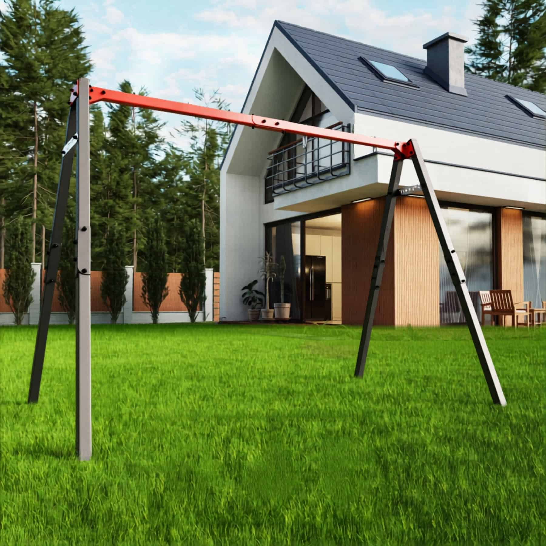 Metall Schaukelgestell im Garten vor modernem Haus auf gepflegter Rasenfläche