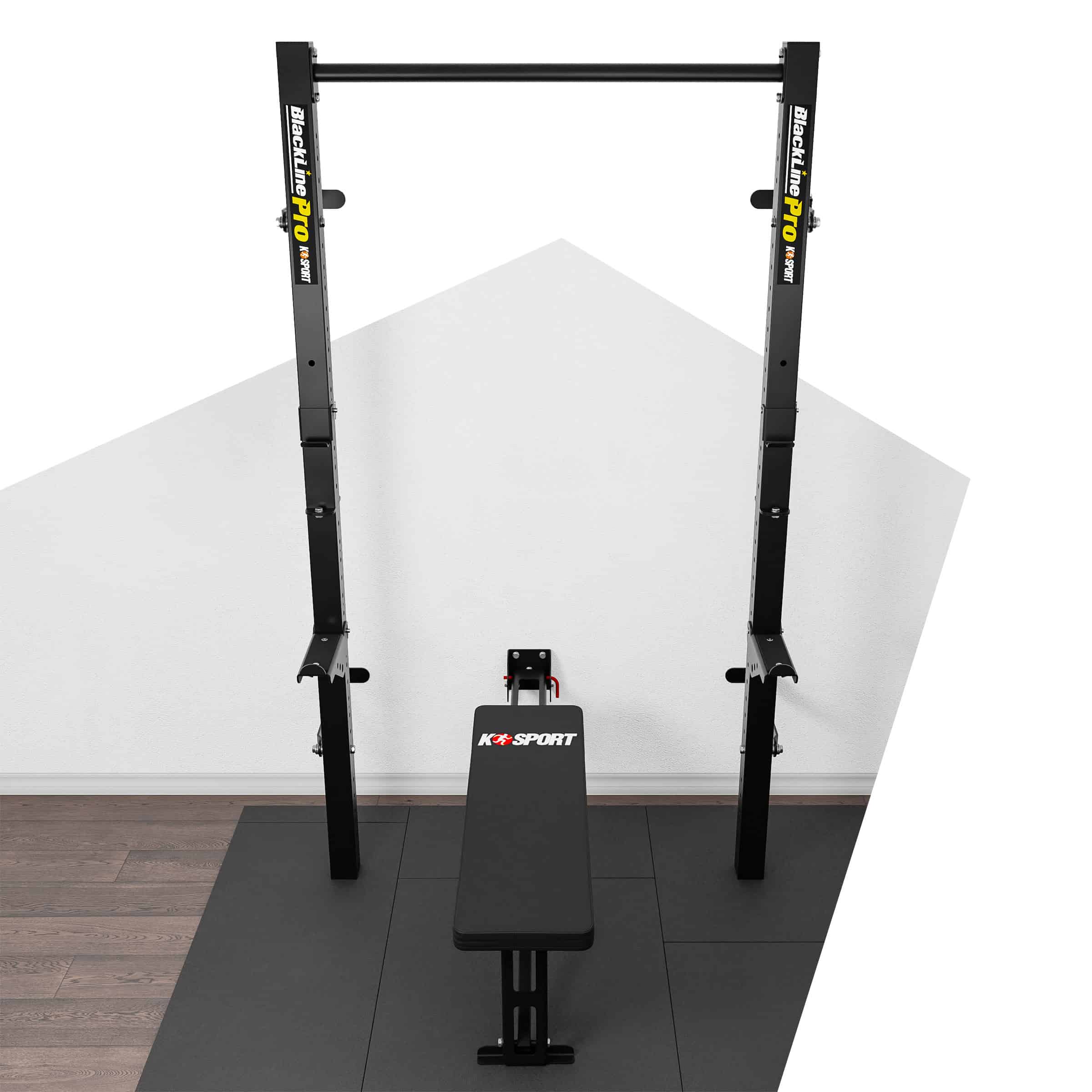 Frontansicht des Wall Racks mit ausgeklappter Bank